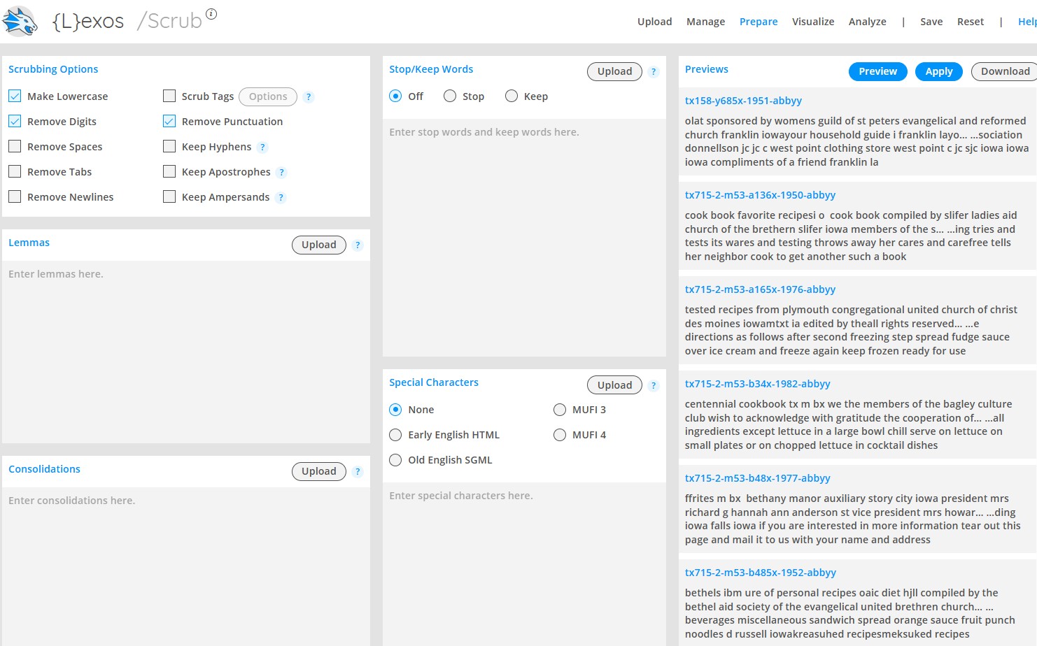 Lexos Scrub Tool Screen