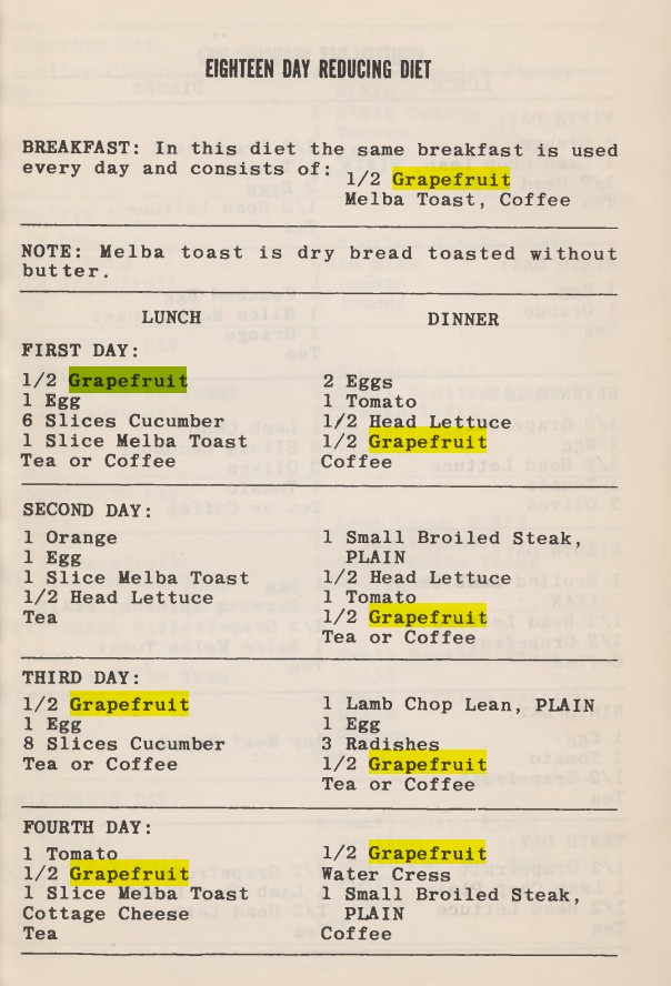 First page of the Eighteen Day Reducing Diet section in cookbook showing breakfast, lunch, and dinner recommendations including grapefruit