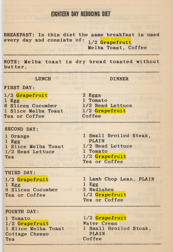 First page of the Eighteen Day Reducing Diet section in cookbook showing breakfast, lunch, and dinner recommendations including grapefruit