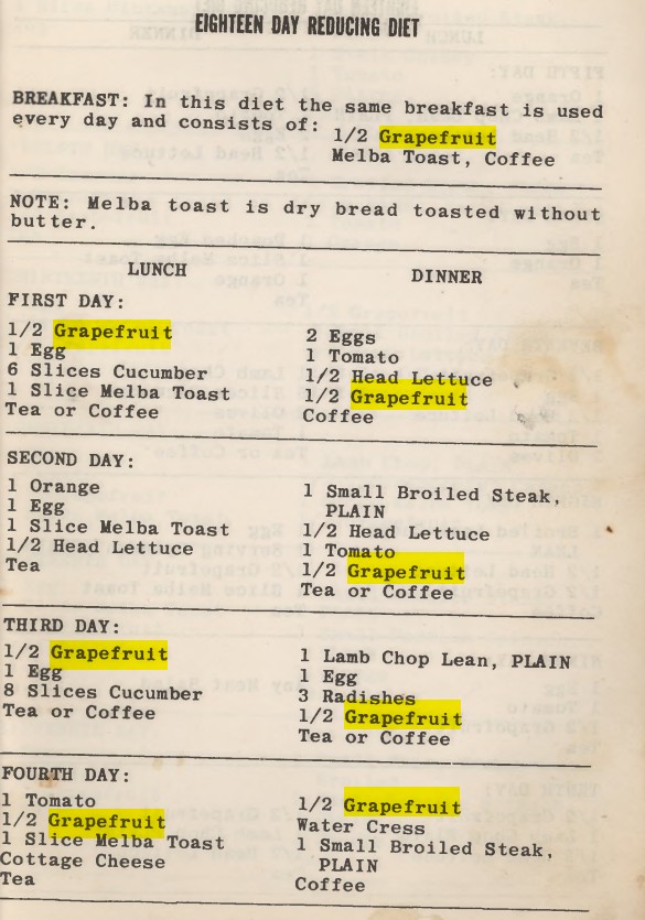 First page of the Eighteen Day Reducing Diet section in cookbook showing breakfast, lunch, and dinner recommendations including grapefruit