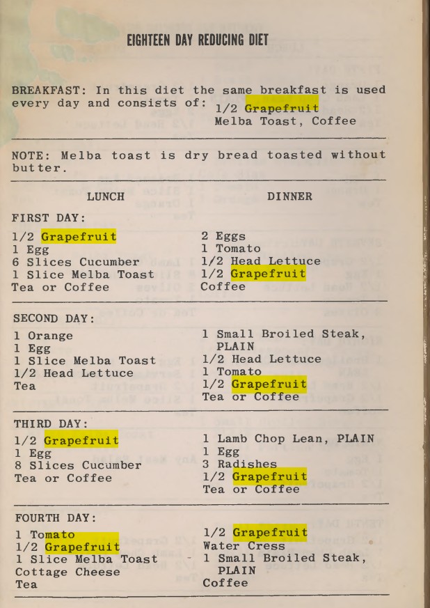 First page of the Eighteen Day Reducing Diet section in cookbook showing breakfast, lunch, and dinner recommendations including grapefruit