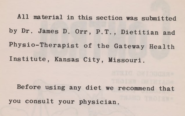 Attribution of cookbook section to Dr. James D. orr and a medical disclaimer to consult physicion before using diet information