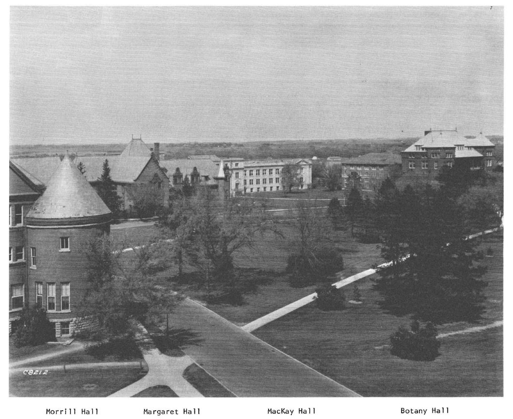 Aerial photograph of Morrill Hall, Margaret Hall, MacKay Hall, and Botany Hall